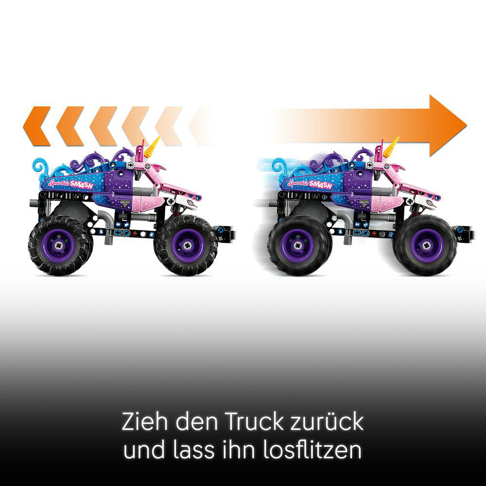 Zwei Einhorn-Monster-Trucks nebeneinander. Einer bewegt sich nach rechts.