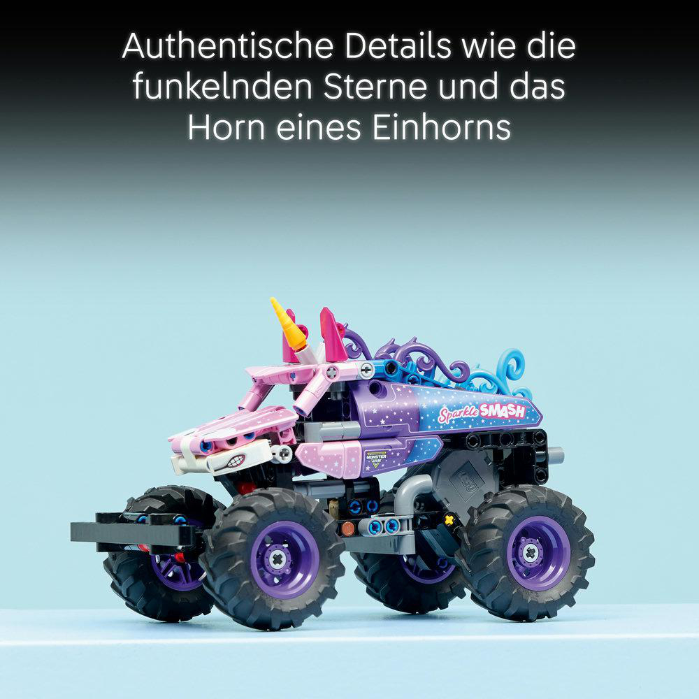 Ein rosafarbenes und lilafarbenes Monstertruck-Spielzeug mit Einhorn-Motiv und großen Rädern.