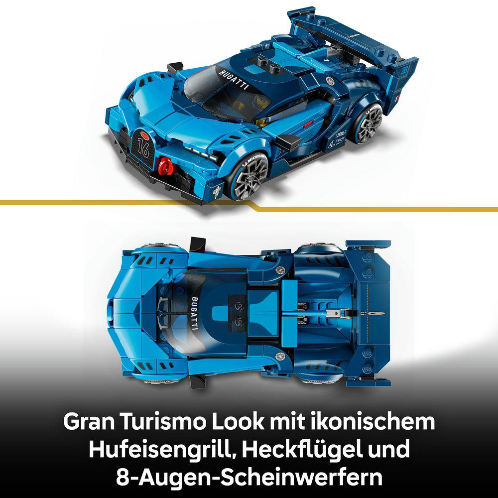 Blaues Bugatti Lego-Auto mit "Gran Turismo"-Look, Hufeisenkühlergrill und Heckflügel.
