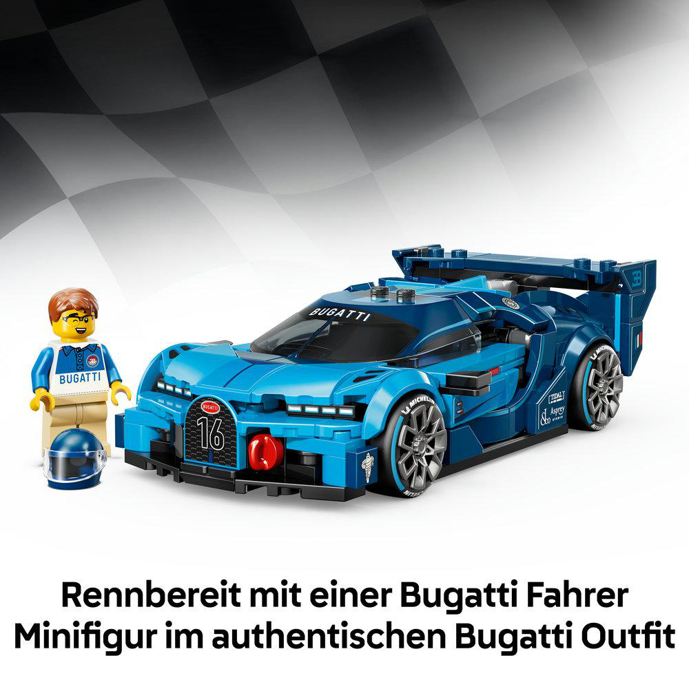 Ein blauer Bugatti Rennwagen mit Fahrer-Minifigur und Helm.