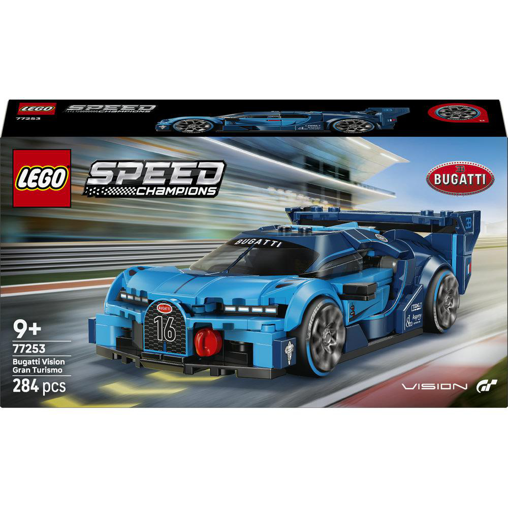 Blauer Lego Bugatti Vision Gran Turismo Rennwagen-Bausatz auf Rennstrecke.