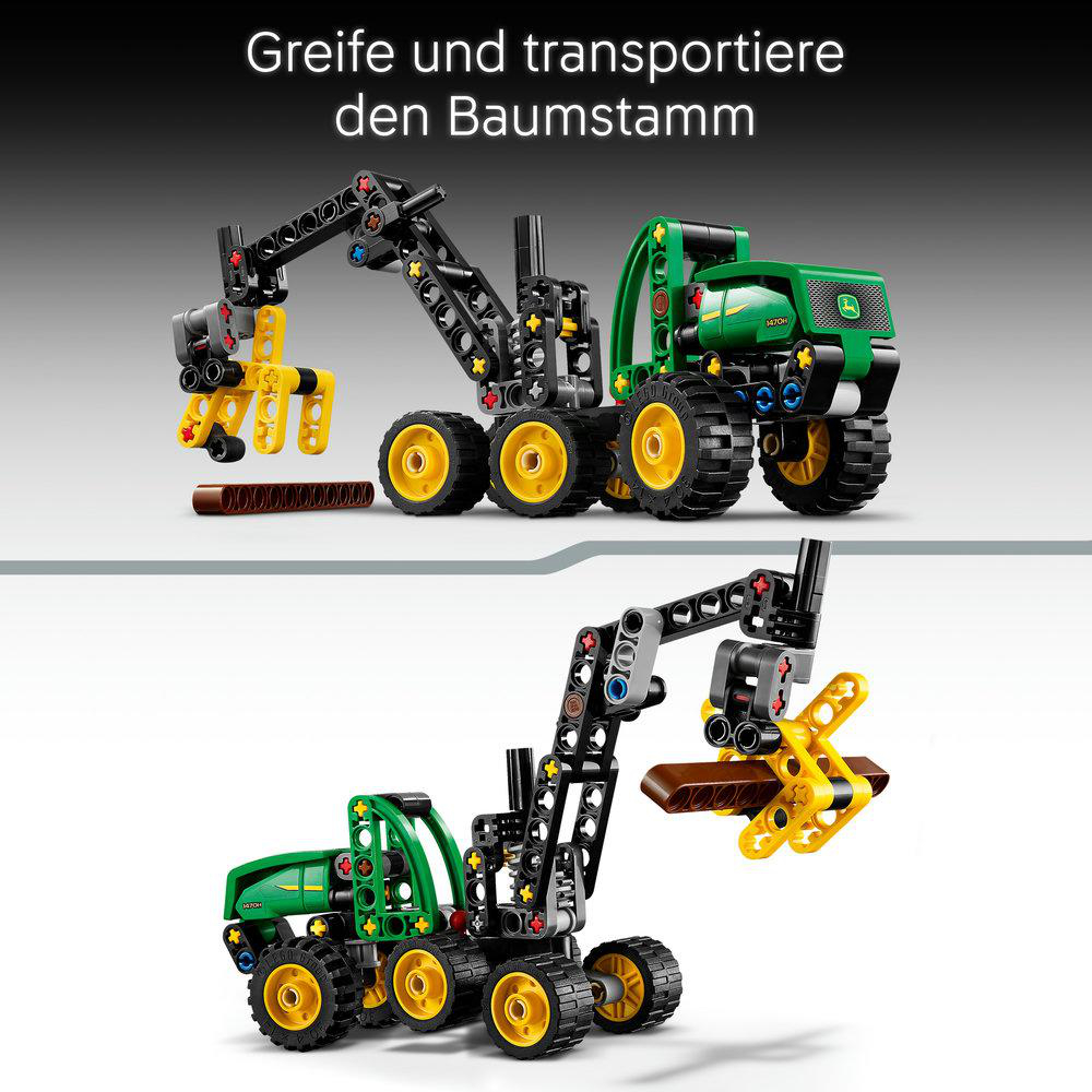 Grüner Spielzeug-Holzerntemaschine mit Greifarm, der einen Baumstamm hält.