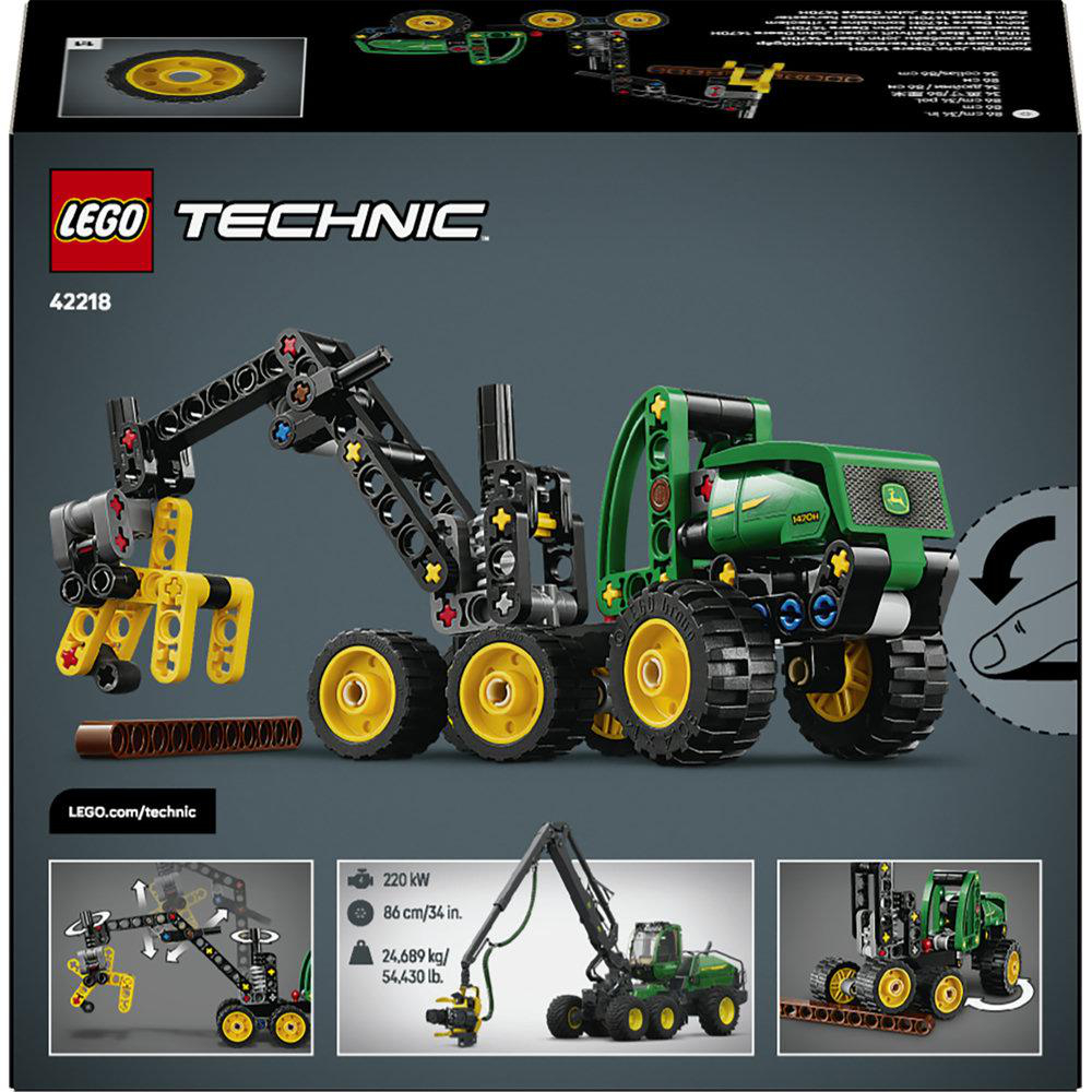 Ein grüner LEGO Technic John Deere 1470H Harvester mit gelben Greifarmen.