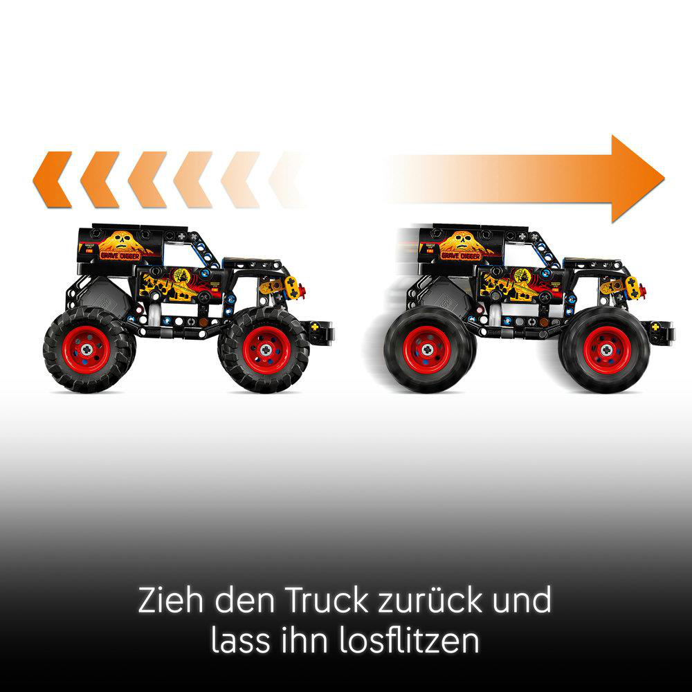 Zwei Spielzeug-Monster-Trucks, Grave Digger, werden gezeigt.