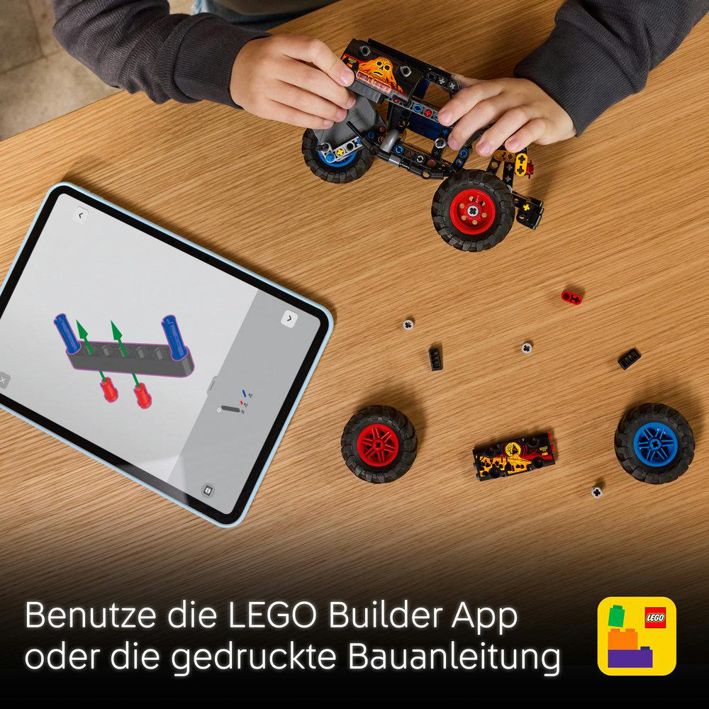 Ein Kind baut ein Auto mit LEGO-Steinen, eine App zeigt die Anleitung.