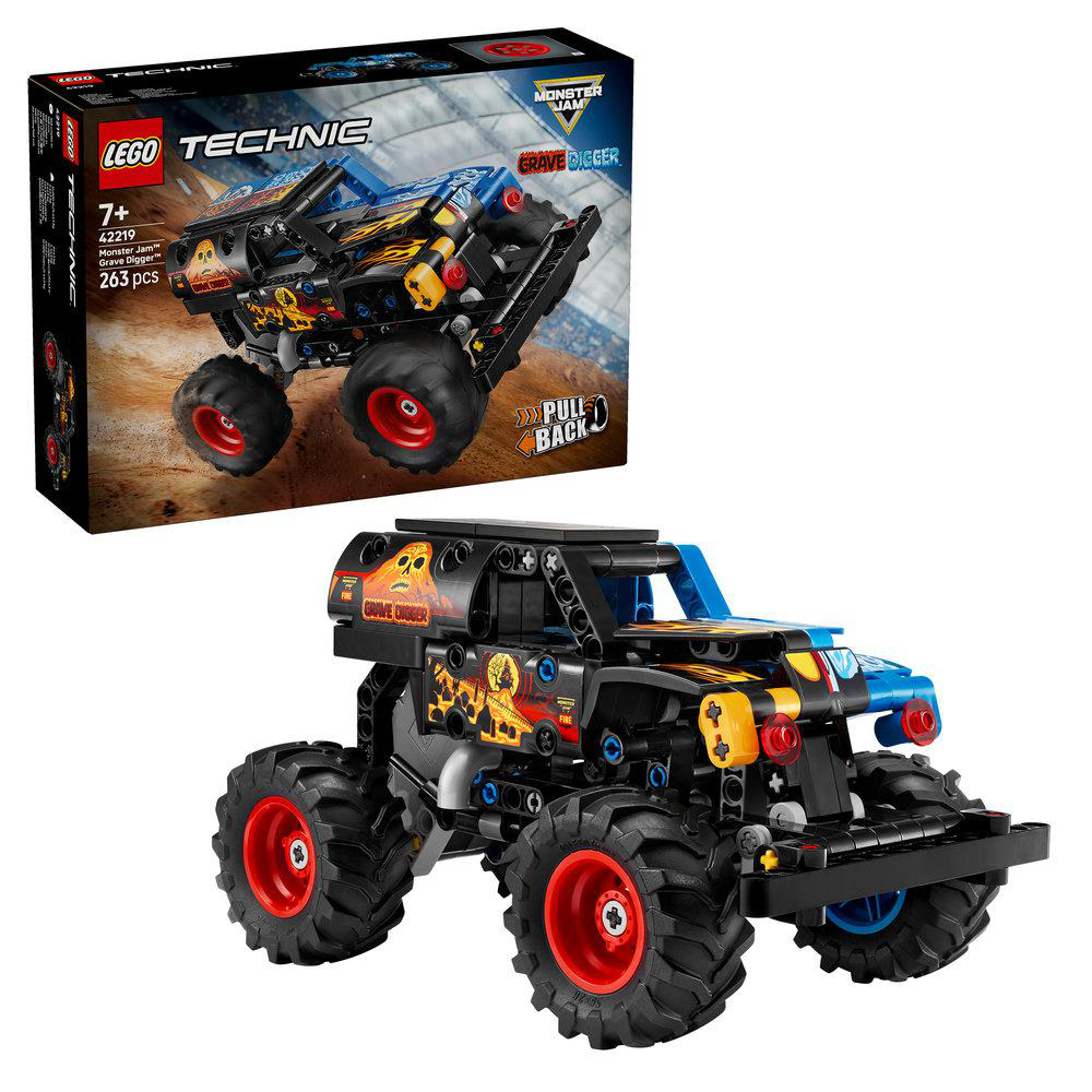 LEGO Technic Monster Jam Grave Digger mit großen Rädern und Aufklebern.