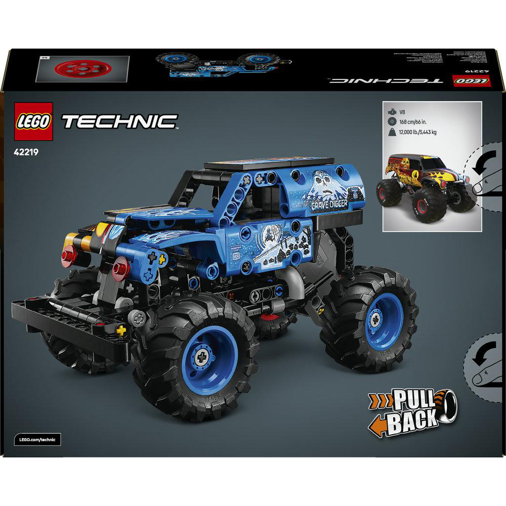 Ein blauer Lego Technic Monster-Truck mit großen Rädern und der Aufschrift "Grave Digger".