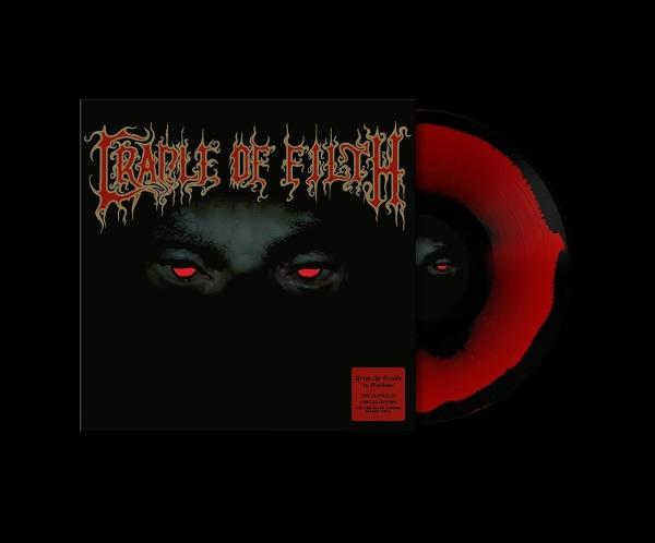 Fekete vinyl vörös örvényléssel, mellette a piros szemű album borító.
