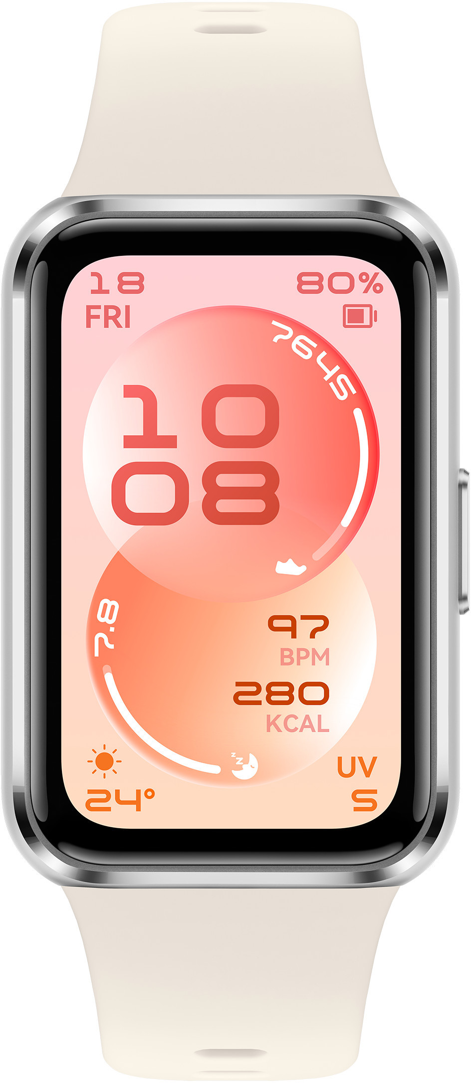 Smartwatch z jasnym paskiem pokazuje 10:08, 24°C, 97 BPM, 280 Kcal.