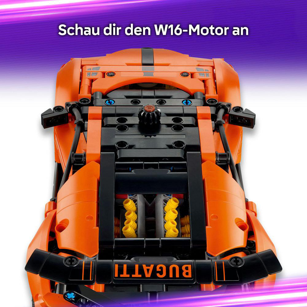 Oberansicht eines orangefarbenen Lego-Bugatti-Modells mit sichtbarem W16-Motor.