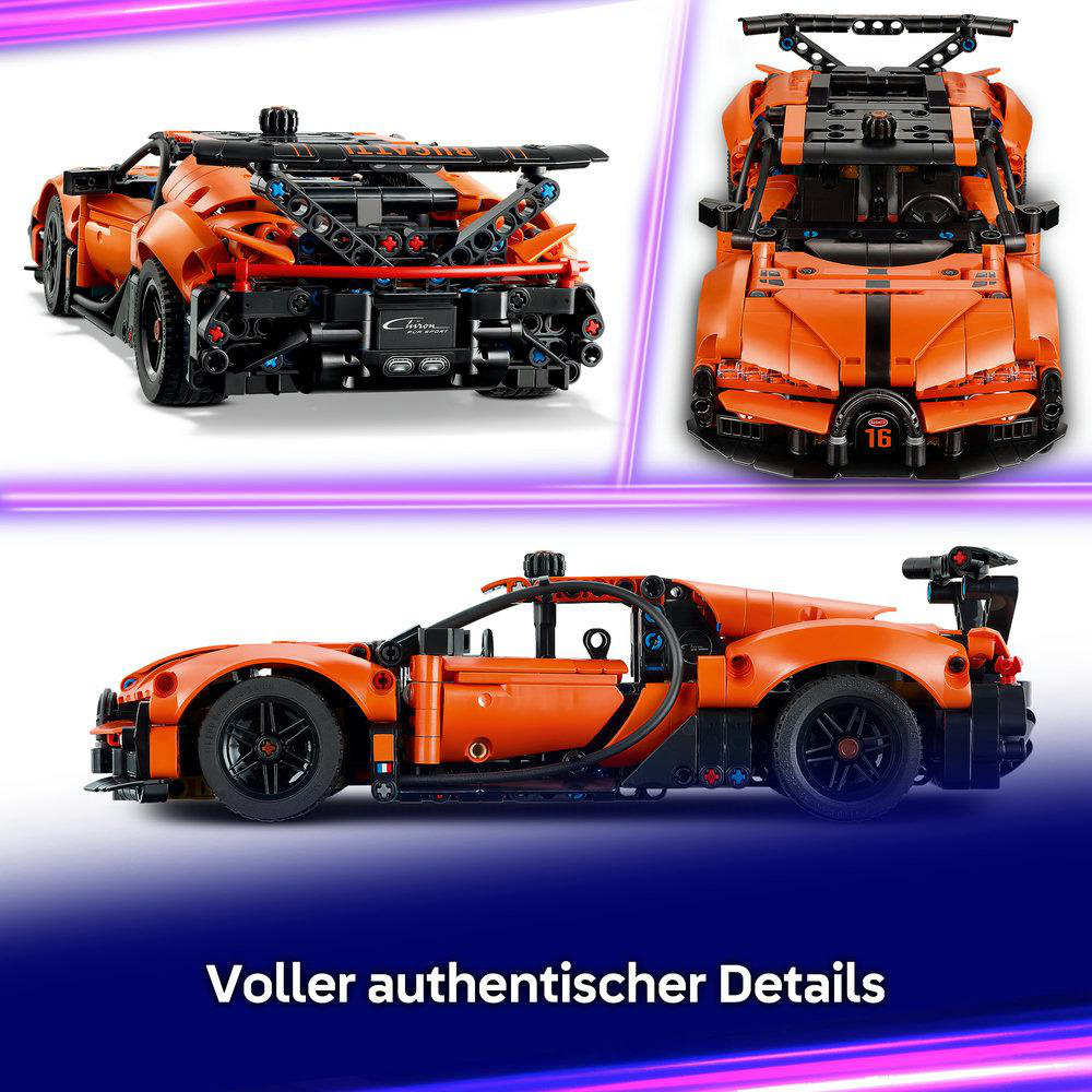 Orangefarbenes Lego-Technic-Modellauto mit schwarzen Streifen und Flügeln.