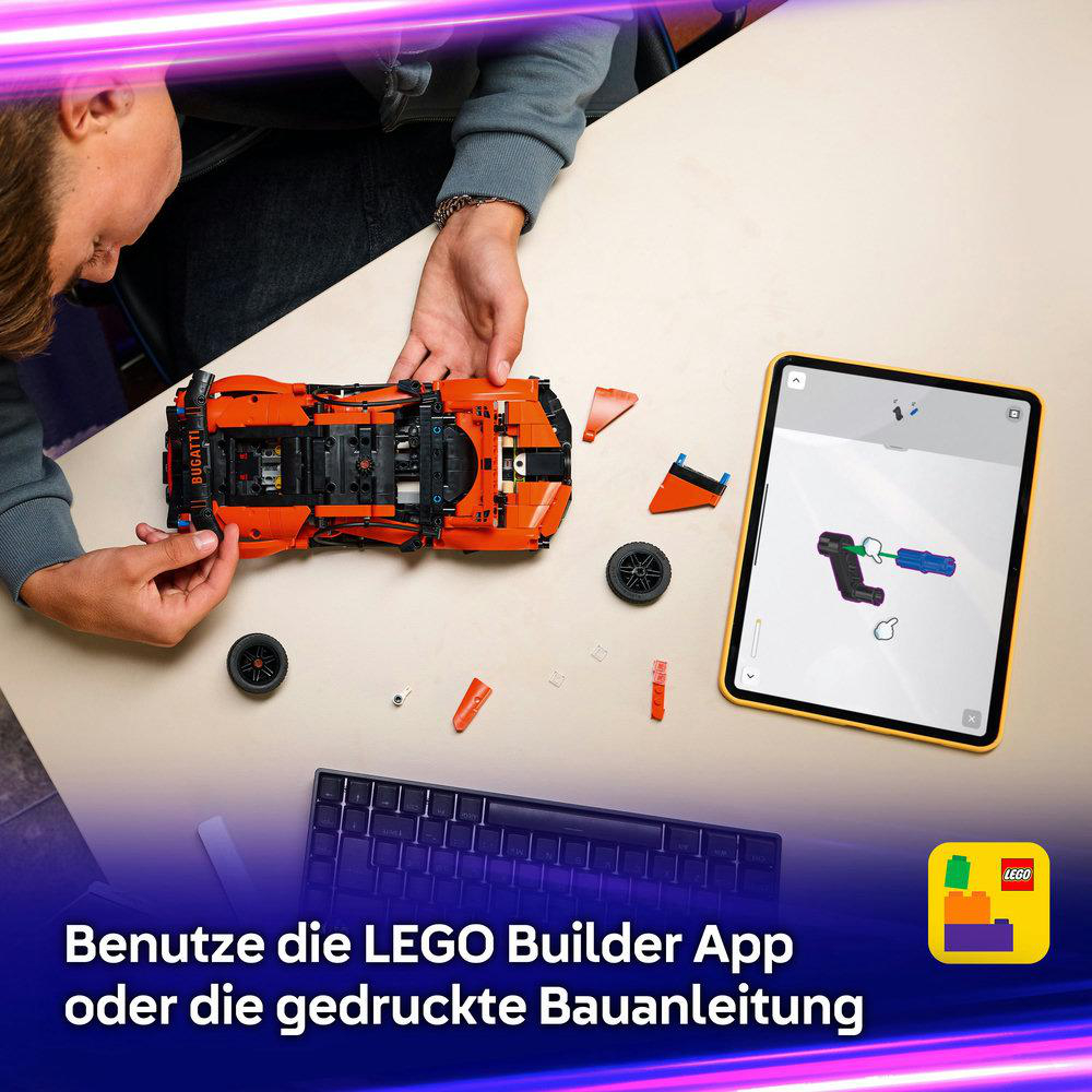 Eine orange LEGO Bugatti mit Anleitung auf einem Tablet.