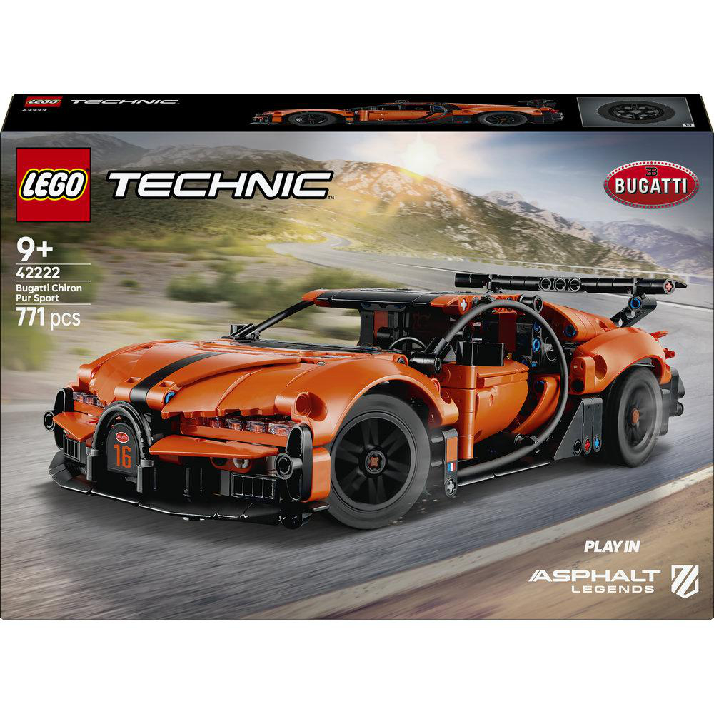 Orange Lego Technic Bugatti Chiron Bausatz auf einer Rennstrecke.