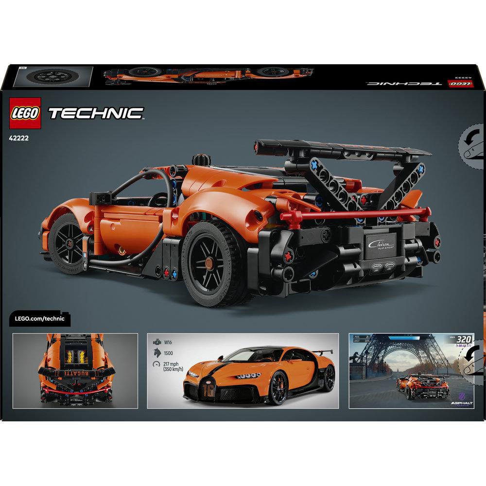 Orange LEGO Technic Bugatti Chiron mit Details und Spielszenen.