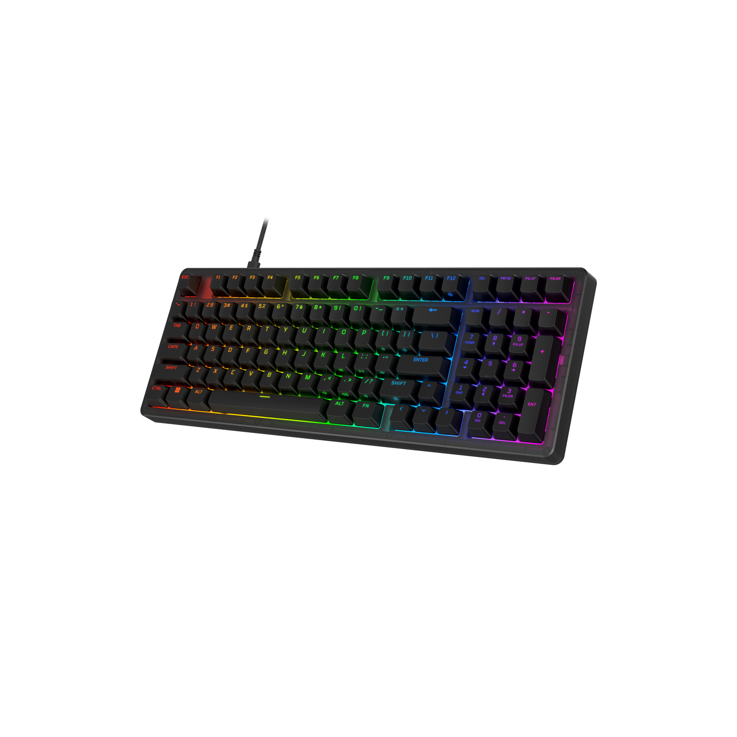 Teclado negro con iluminación RGB, teclas blancas y cable.