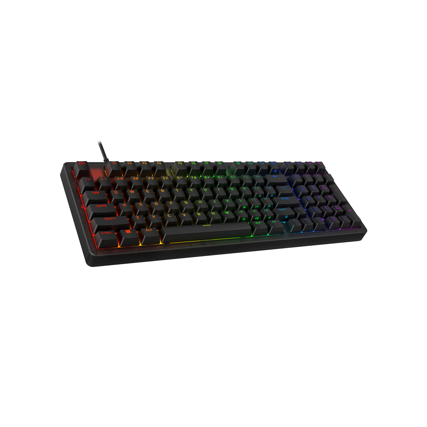 Teclado negro con retroiluminación RGB, que va del rojo al verde de izquierda a derecha.