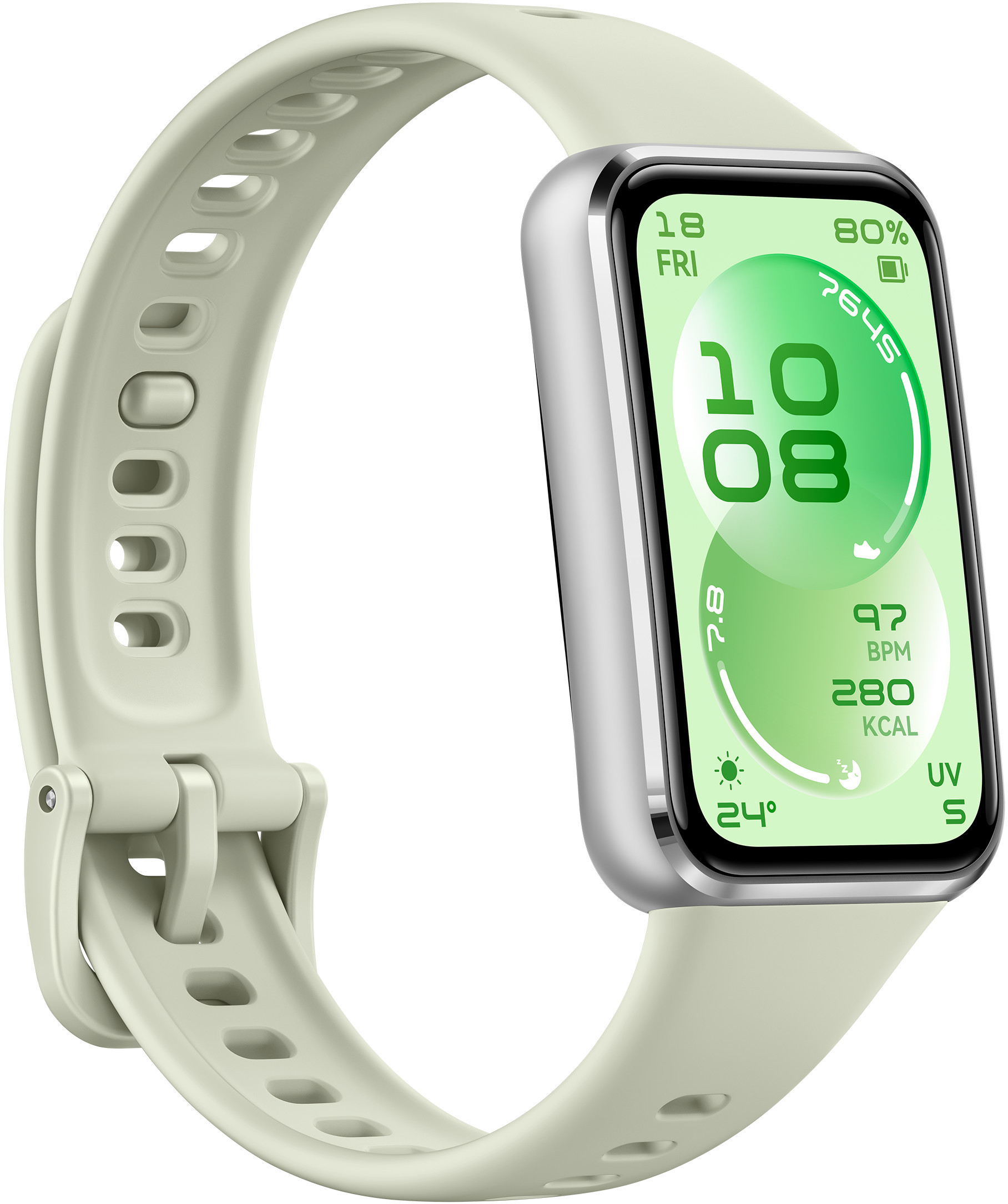 Jasnoszara inteligentna bransoleta ze srebrną obudową i zielonym wyświetlaczem pokazuje czas, datę, tętno i kalorie.