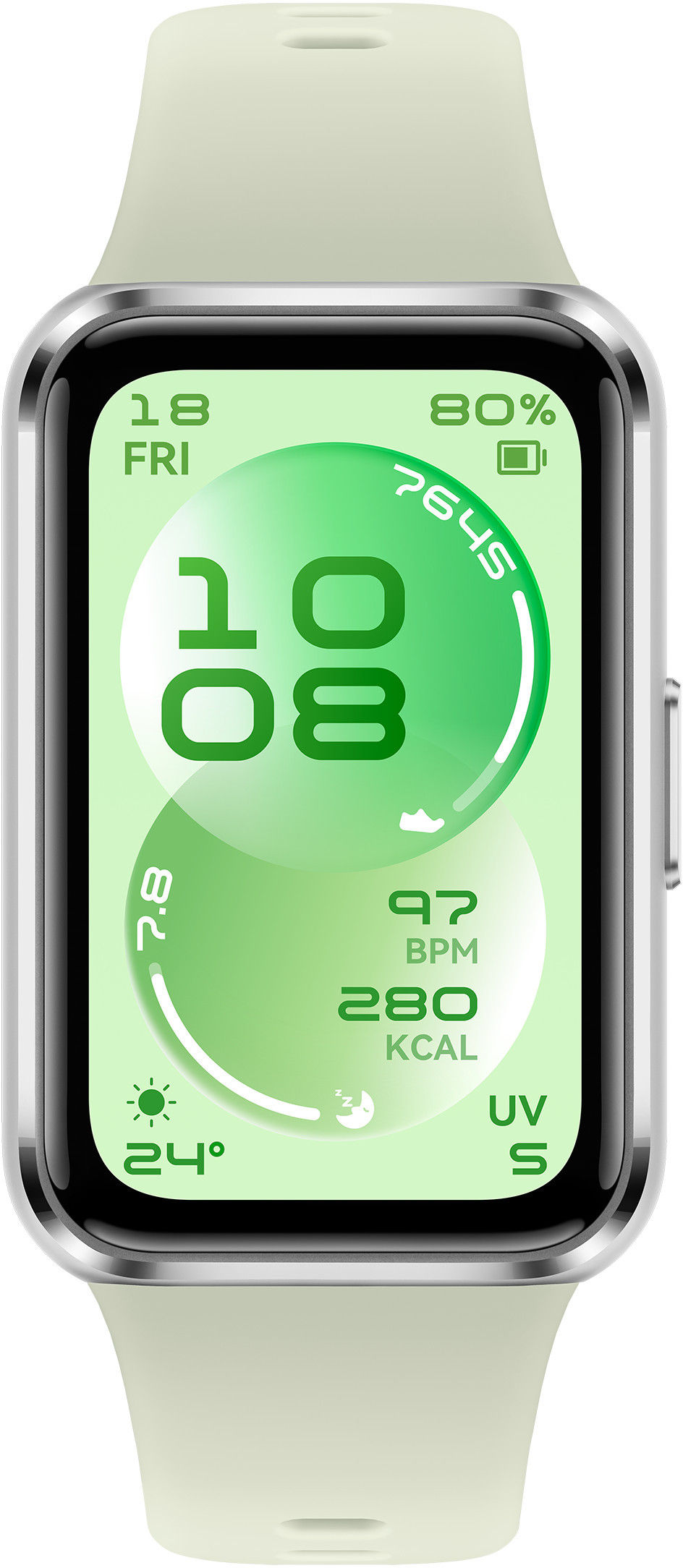 Jasnozielony ekran smartwatcha pokazuje 10:08, 7645 kroków, 97 BPM, 280 Kcal, 24°C.