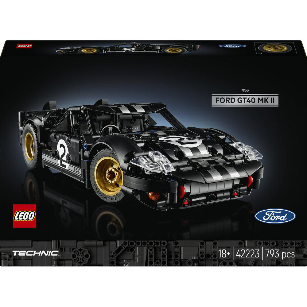 Schwarzer Lego Technic Ford GT40 Mk II mit weißen Streifen und goldener Felge.