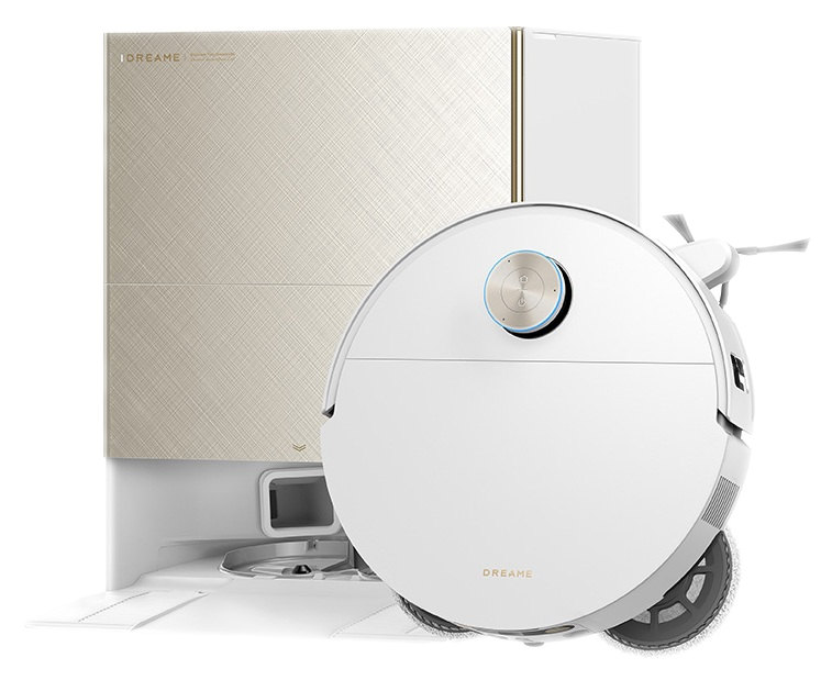 Biały robot sprzątający obok stacji ładującej z beżowym wzorem.