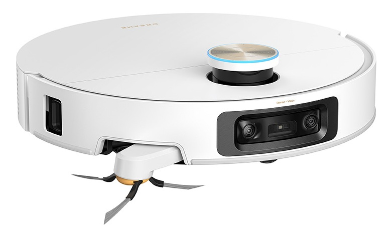 Biały robot sprzątający ze szczotkami obrotowymi i kamerami z przodu.