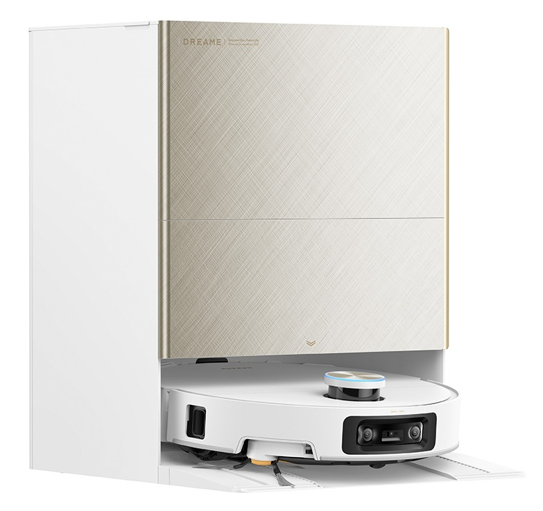 Biały robot sprzątający z beżowo-białą stacją ładująco-opróżniającą.