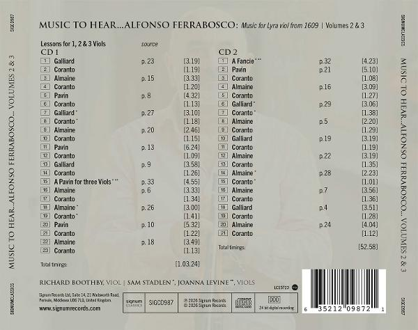 CD-Booklet mit Tracklisten für Alfonso Ferrabosco, Vol. 2 & 3. Enthält Namen und Seitenangaben.