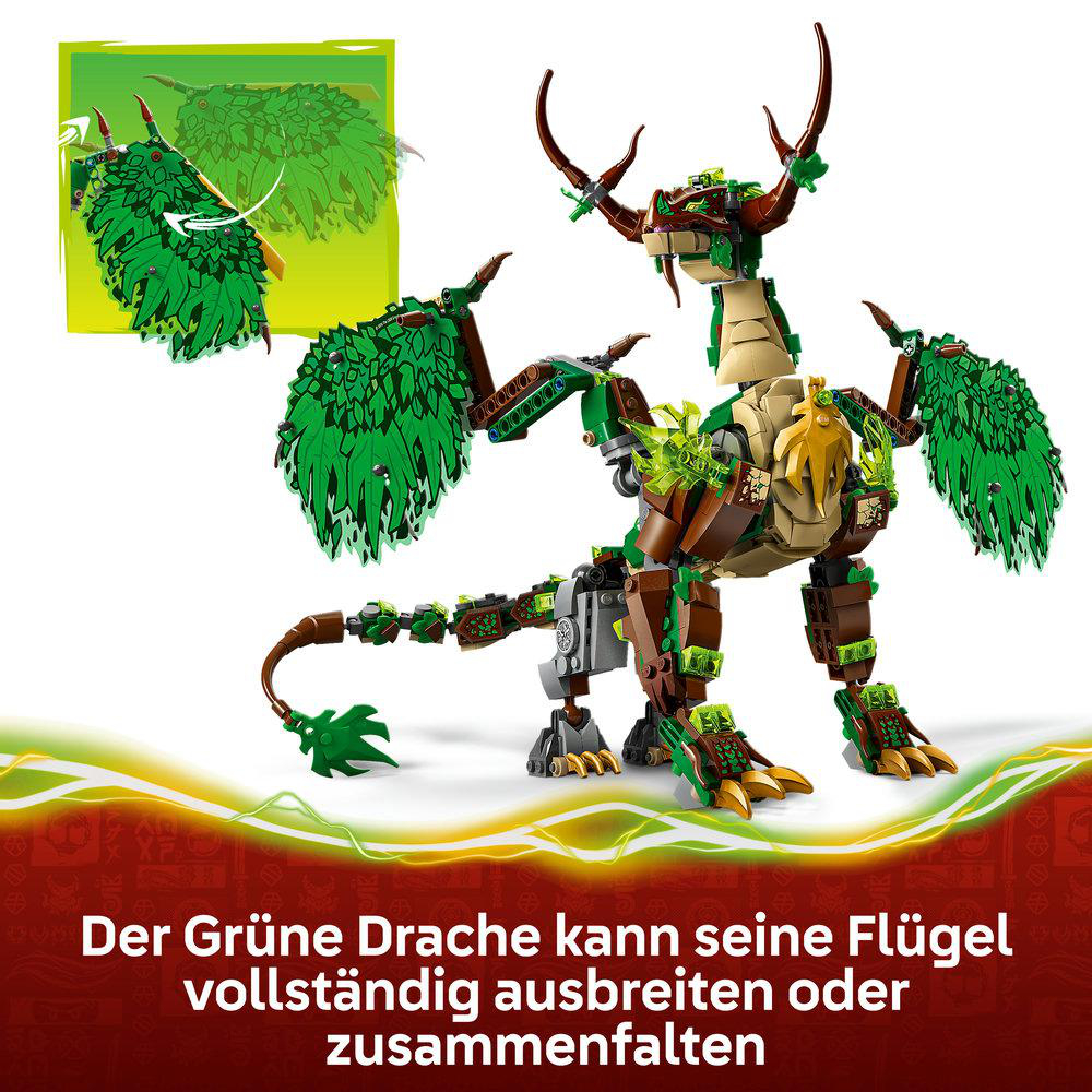 Grüner Drache mit ausklappbaren Flügeln, detailliert aus braunen und grünen LEGO-Steinen.