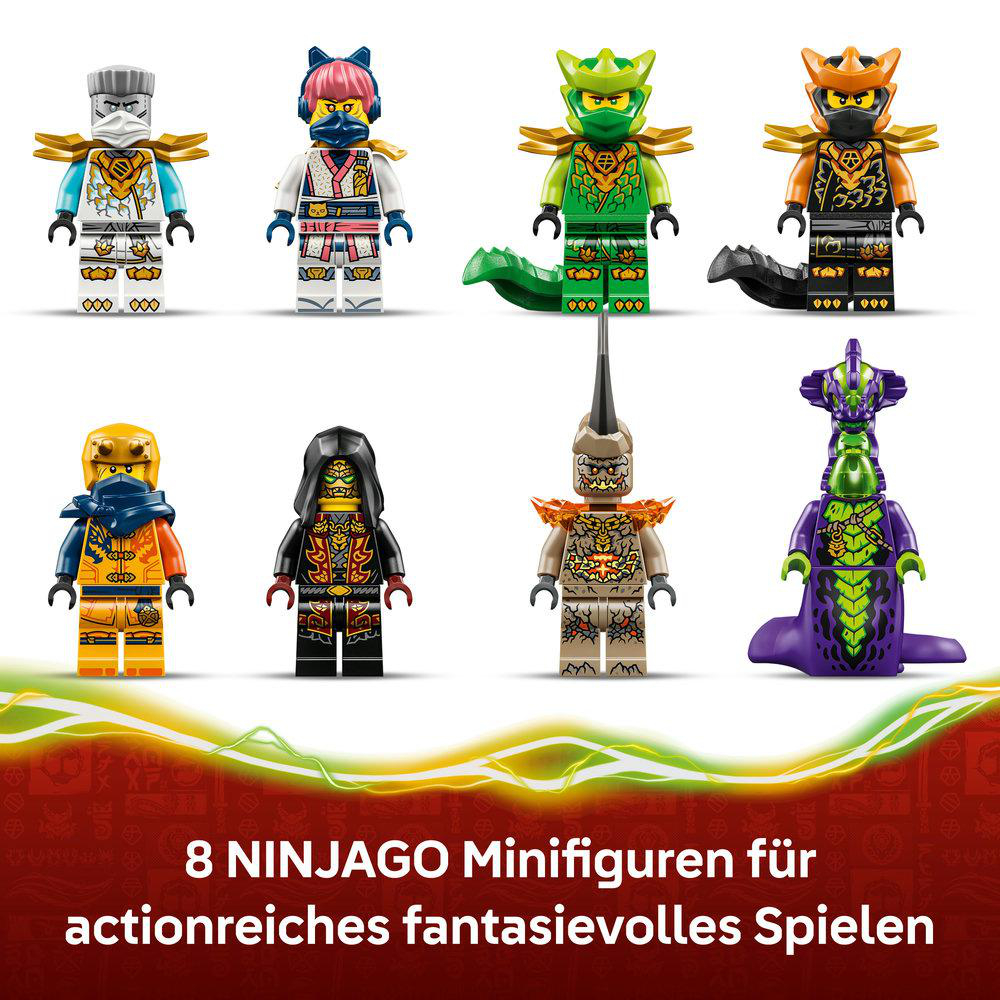 Acht LEGO Ninjago Minifiguren in verschiedenen Kostümen und Farben.