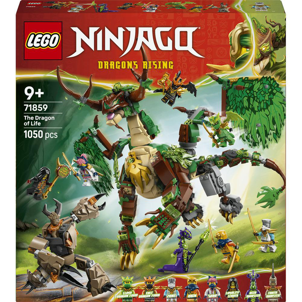 LEGO Ninjago Spielzeugbox mit Drachen, Rittern und Minifiguren.