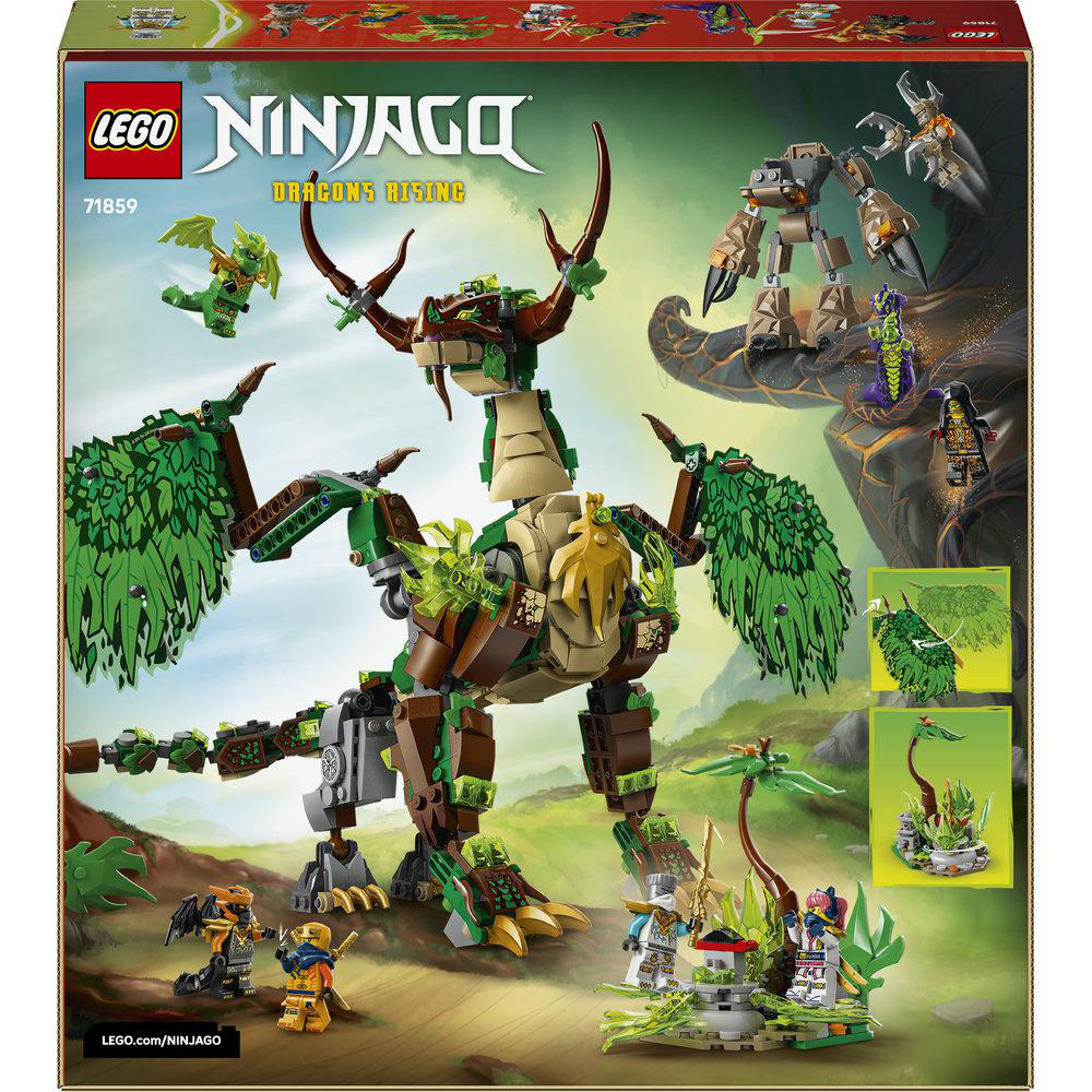 LEGO Ninjago Drachen Rising Set mit einem großen grünen und braunen Drachen, Figuren und Felsen.