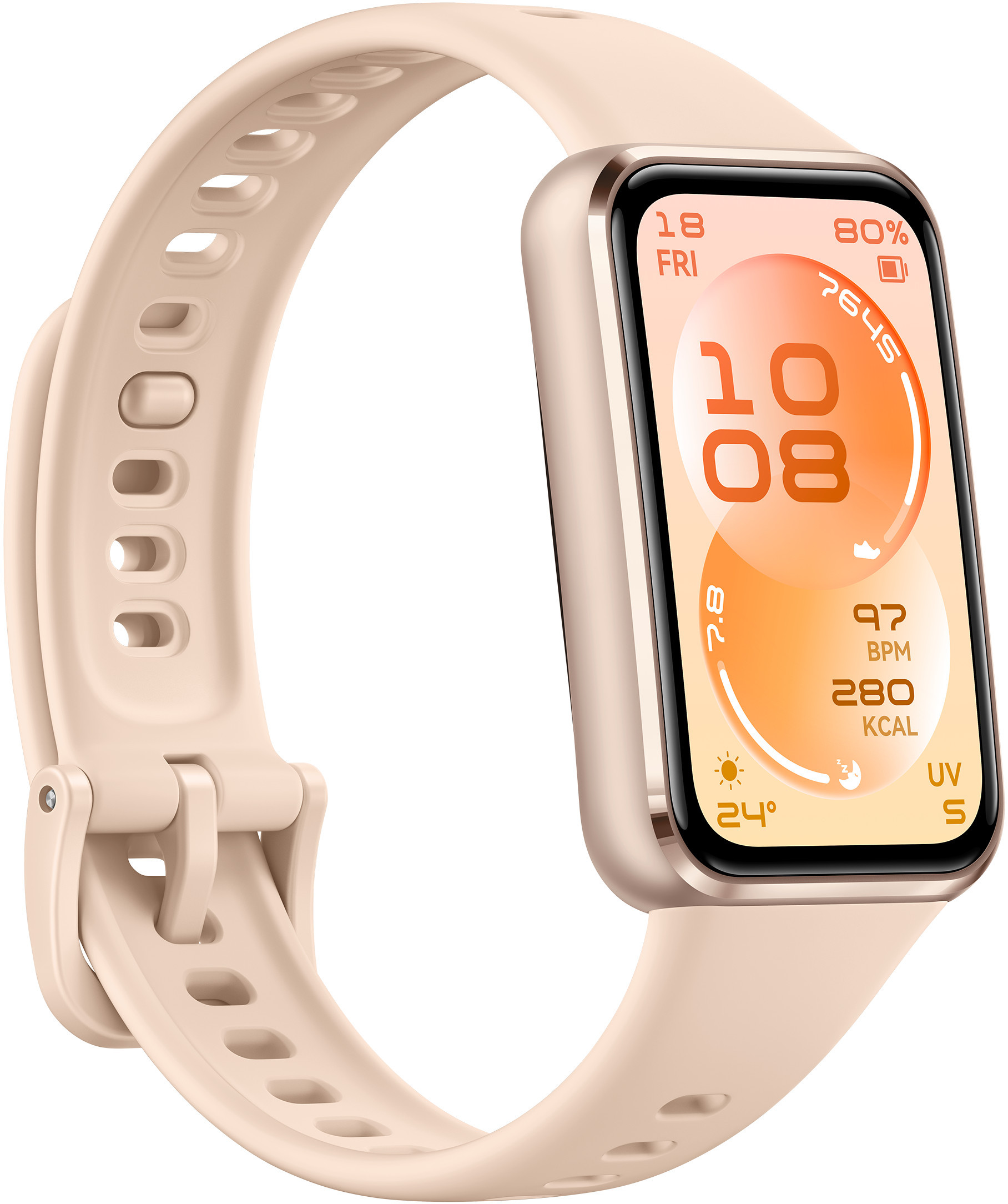 Beżowy smartwatch wyświetla 10:08, 97 BPM, 280 Kcal, 24°C i 80% baterii.