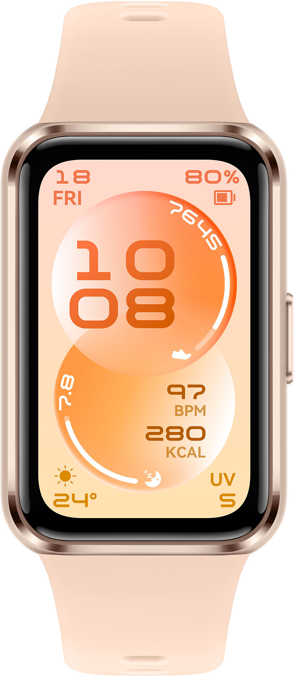 Złoty smartwatch z różową opaską pokazuje 10:08, datę, 80% baterii, 24°C.