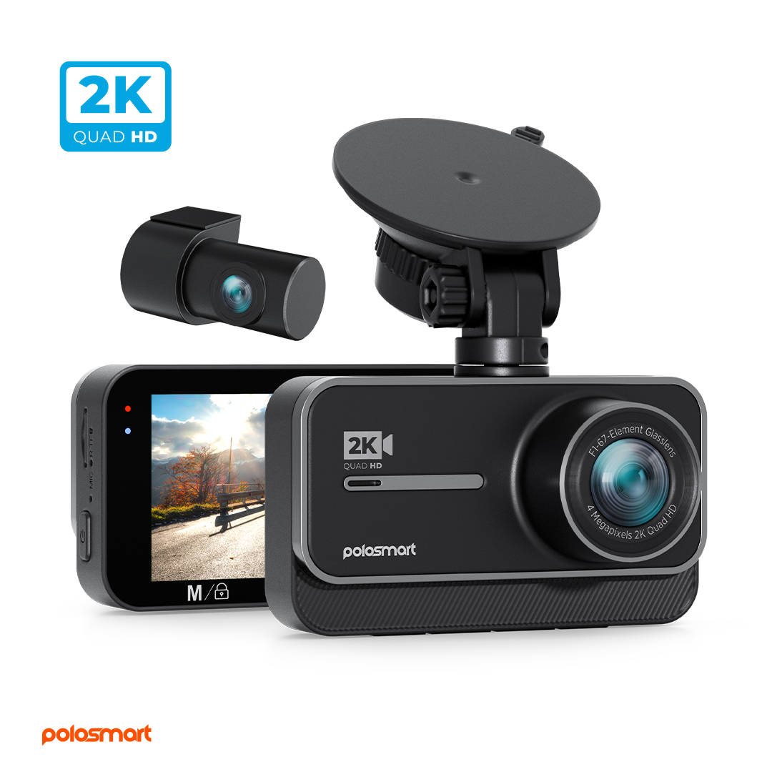 Beyaz arka plan üzerinde 2K Quad HD logolu iki Polosmart araç kamerası.