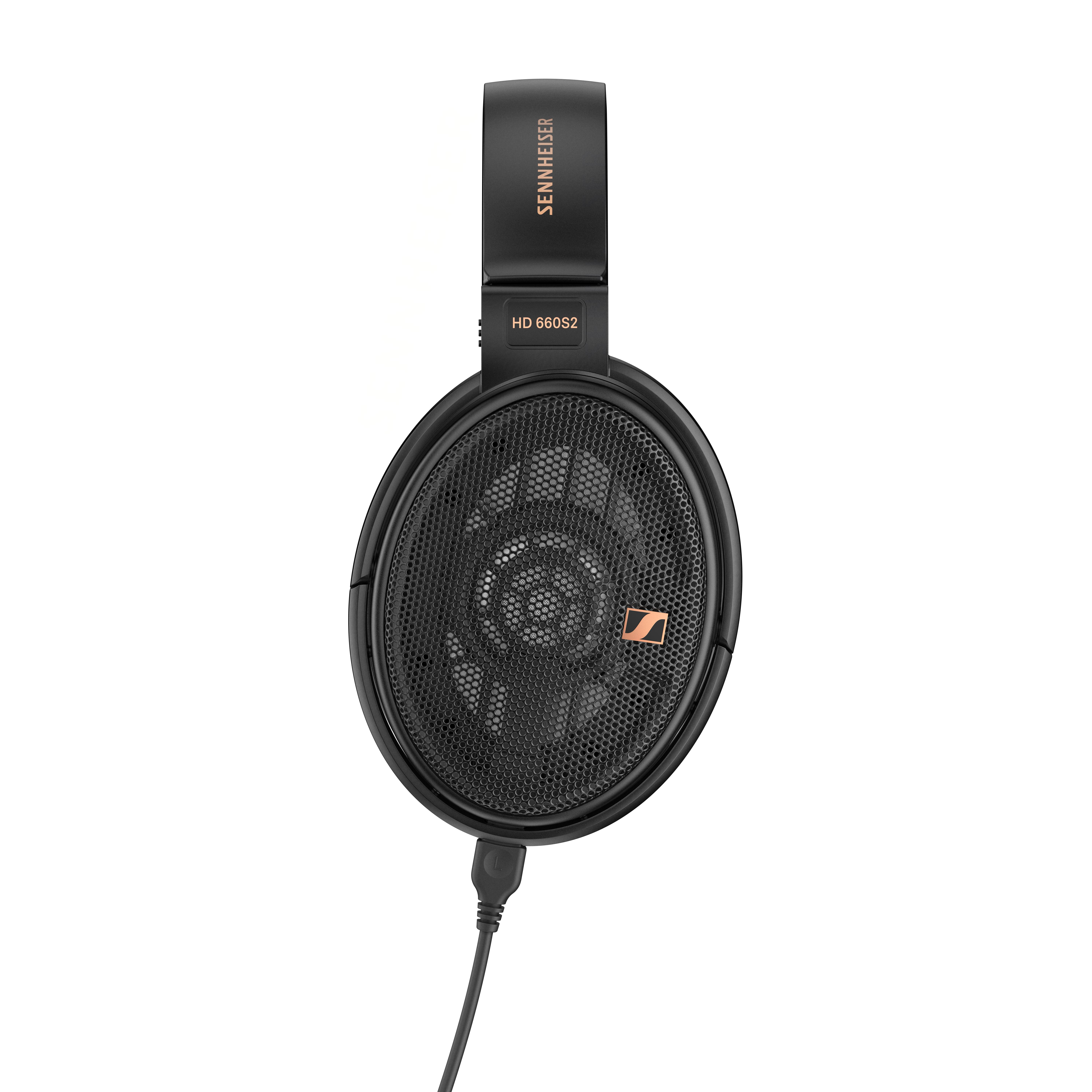 Schwarze Sennheiser HD 660S2 Kopfhörer mit Kabel und Logo.