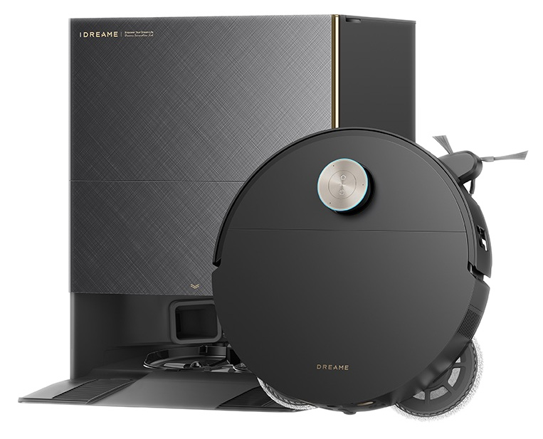 Ciemny robot sprzątający i jego teksturowana stacja ładująca.