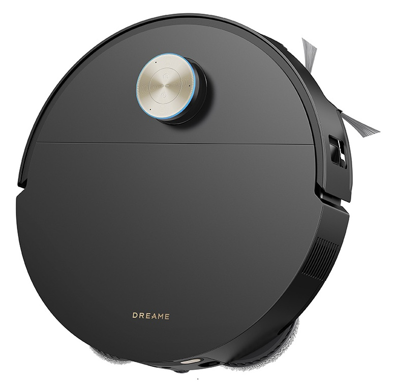 Czarny robot sprzątający ze złotym pokrętłem i niebieskim podświetleniem.