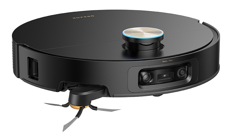 Czarny robot sprzątający z szczotkami i kamerami na białym tle.