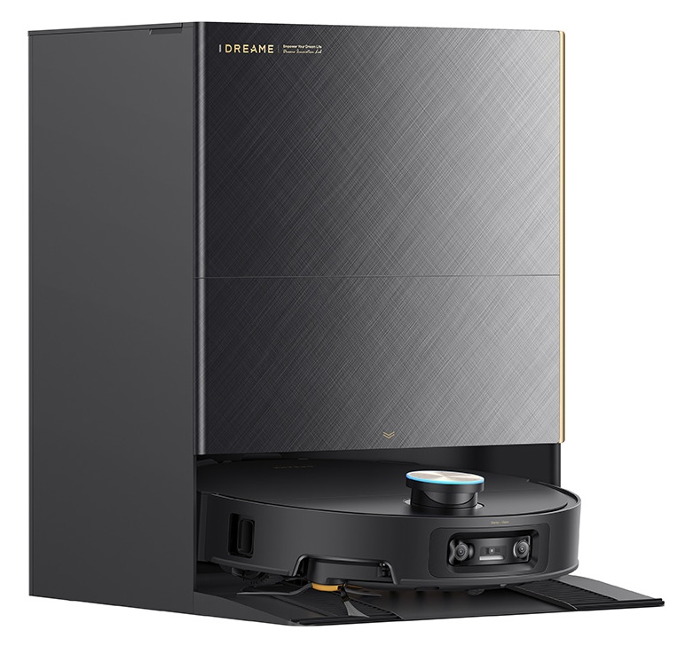 Czarny robot sprzątający wjeżdża do czarnej stacji ładującej z frontem ze szczotkowanego metalu.