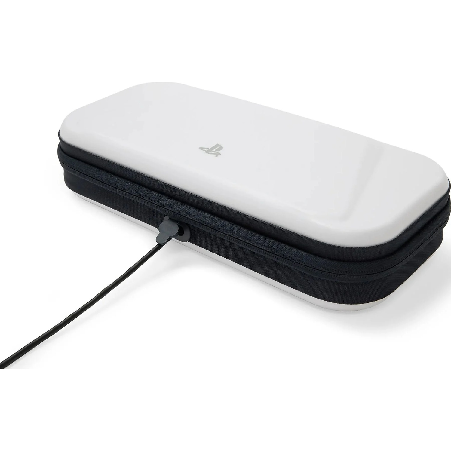 White PS Vita case with black zipper and cable.