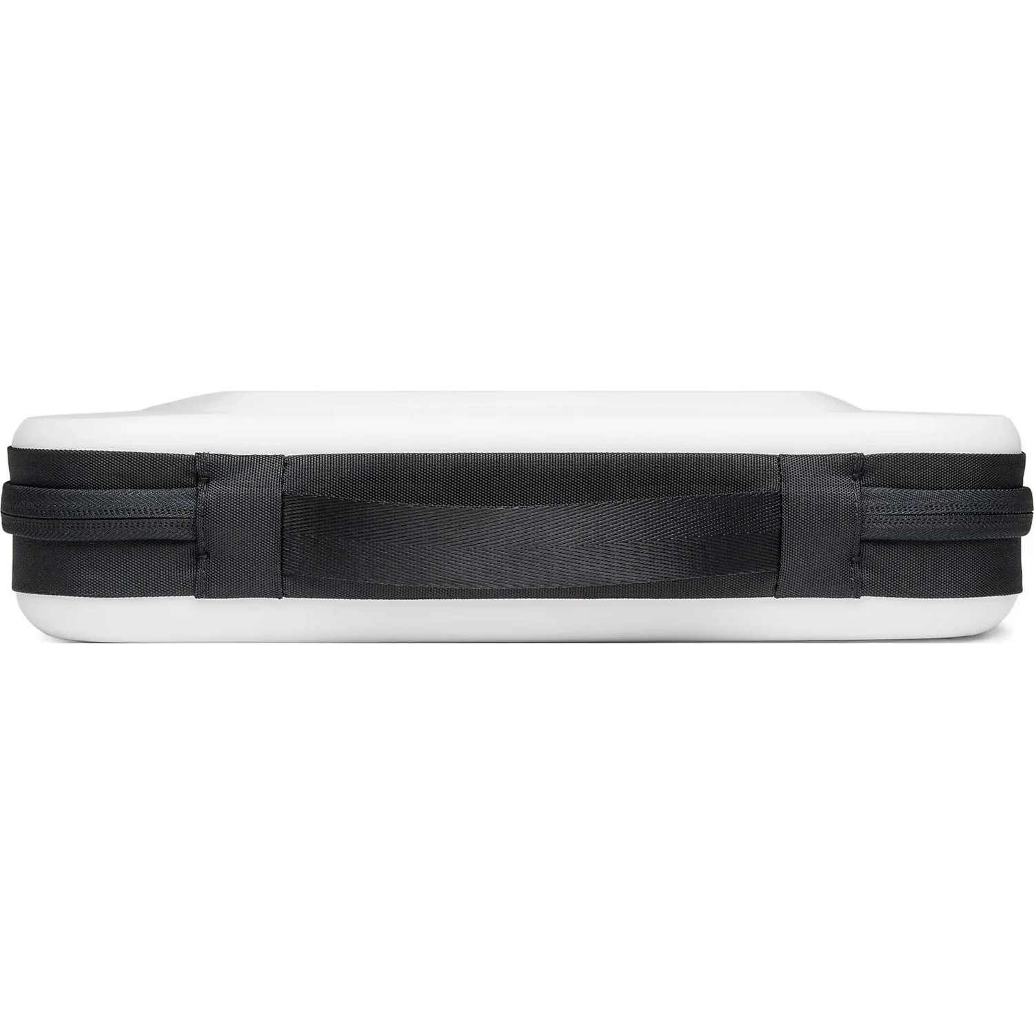 White case with black zipper and handle.