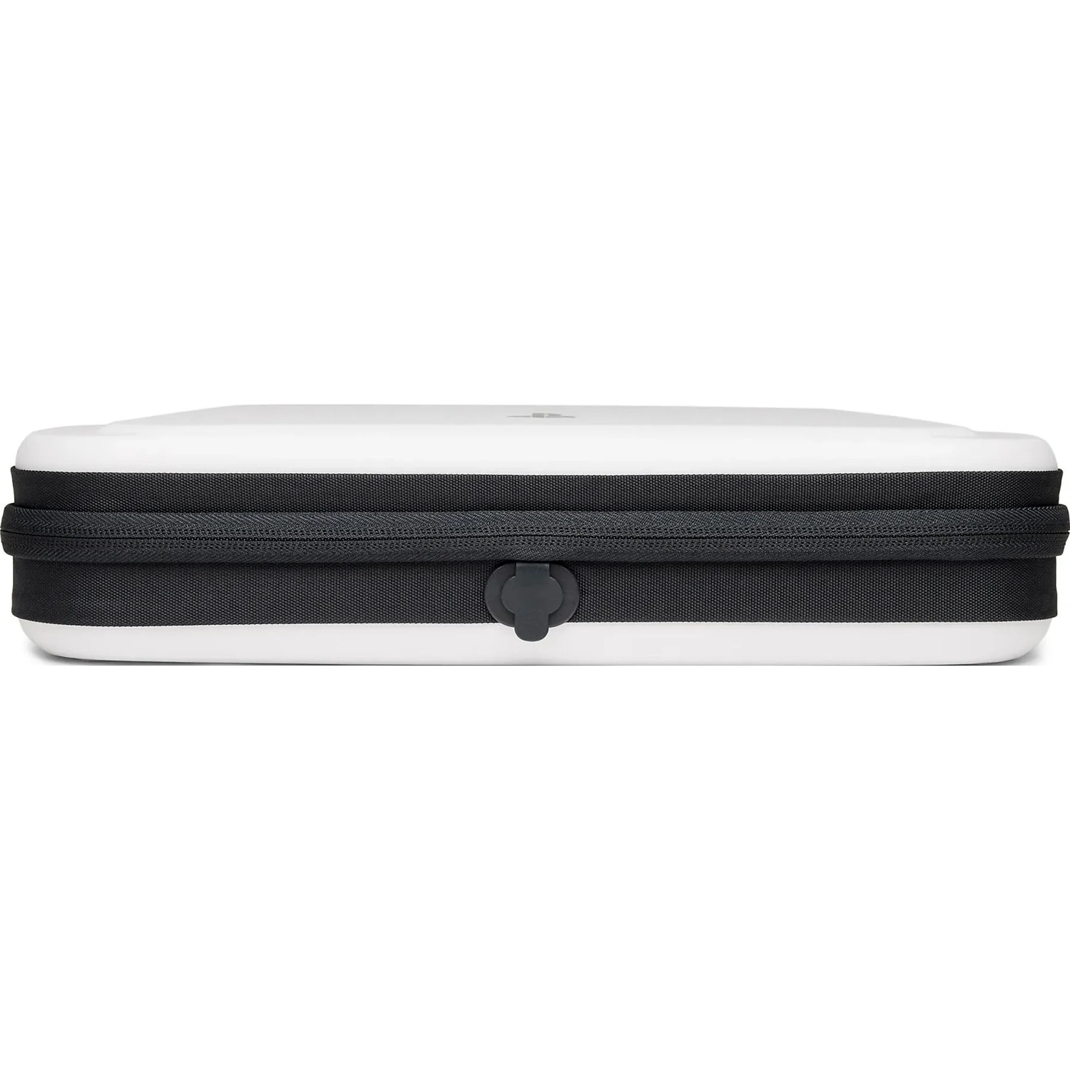 A white hard case with a black zipper and handle.