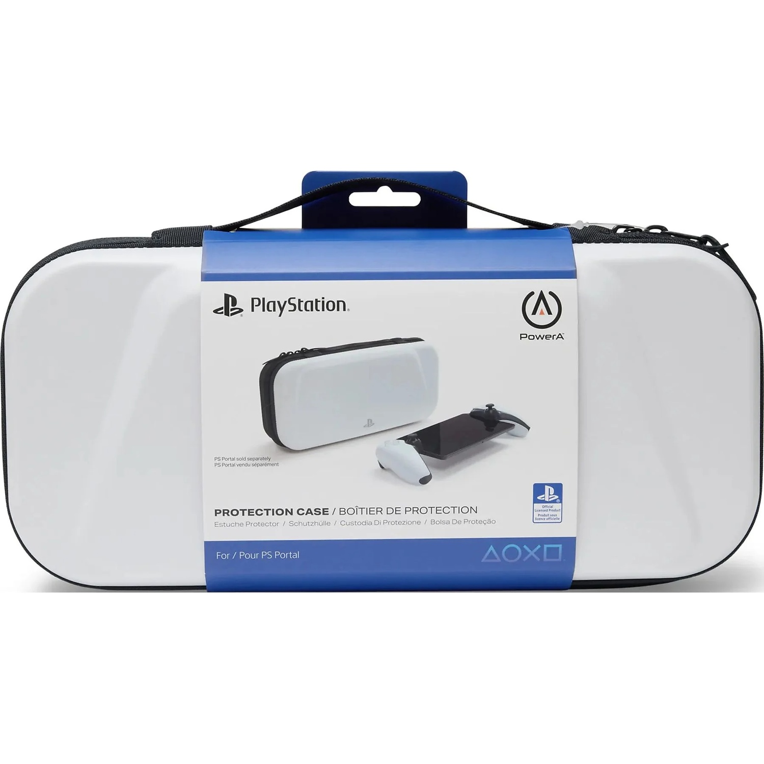 White PlayStation protection case with black handle and blue packaging. Shows a PS console.