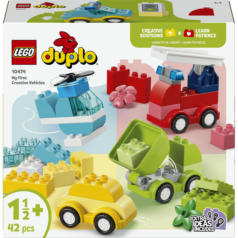 LEGO Duplo Box mit vier bunten Fahrzeugmodellen und Bausteinen.