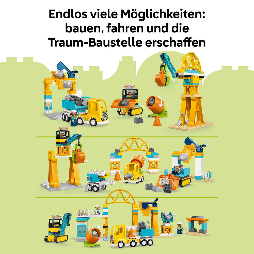 Mehrere Baufahrzeuge und Bausätze in Gelb, Blau und Orange auf grünem Hintergrund.