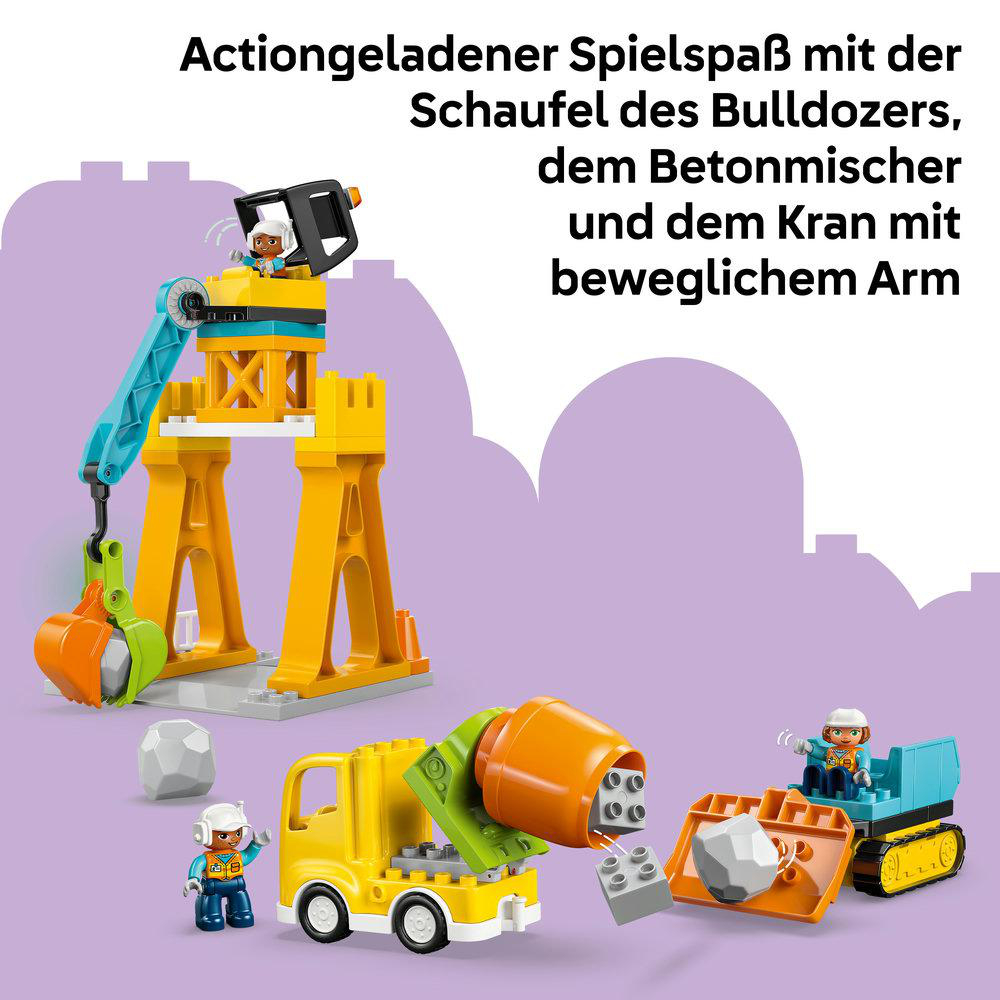 Konstruktionsspielzeug: Kran, Betonmischer und Bulldozer mit Figuren.