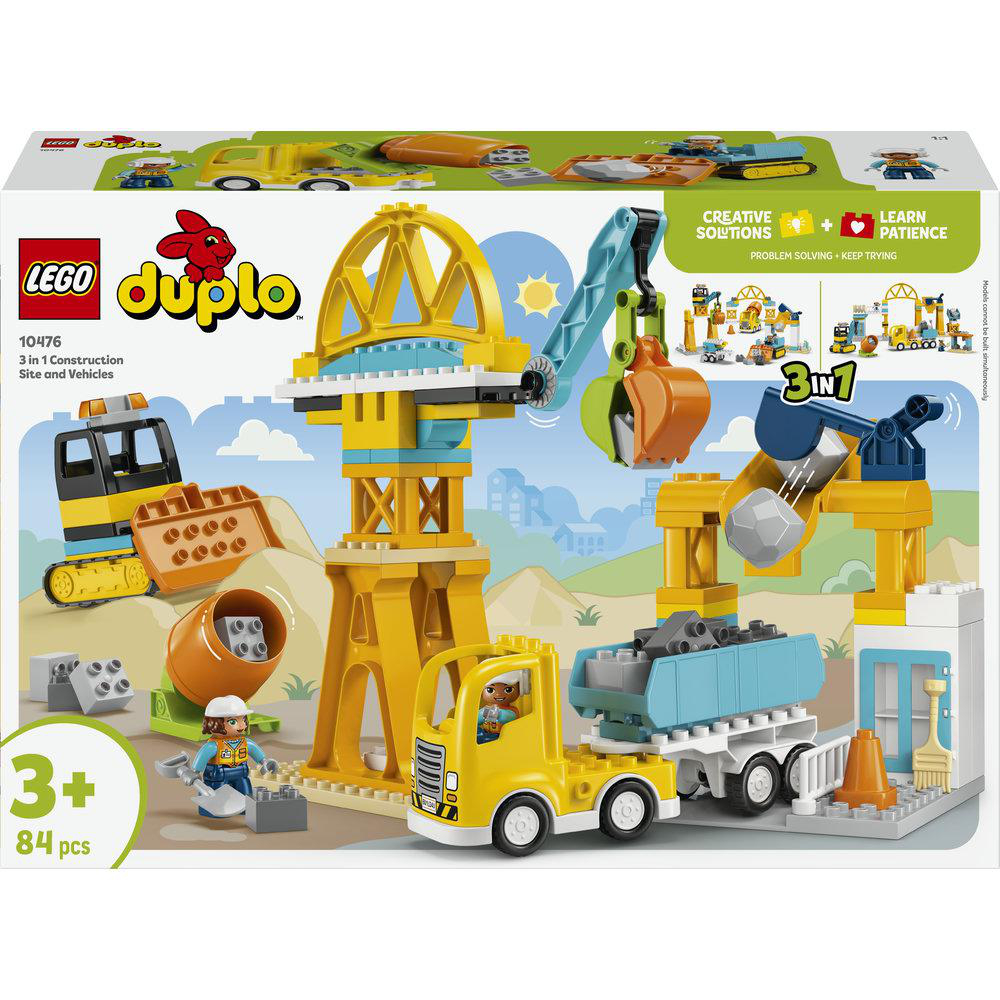 LEGO Duplo Baukasten mit Baggern, Kran und Lastwagen auf einer Baustelle.