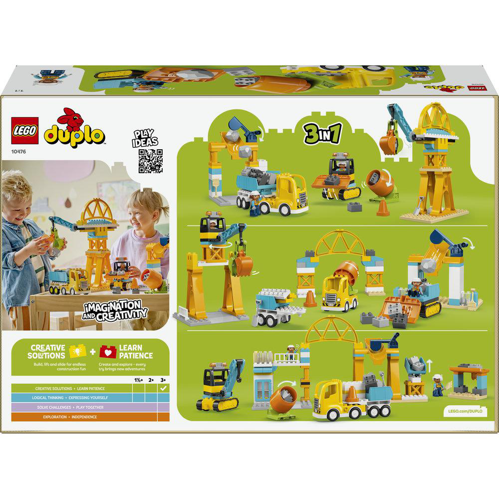 LEGO Duplo Kasten zeigt Kinder mit Bauklötzen und Baustellenfahrzeugen.
