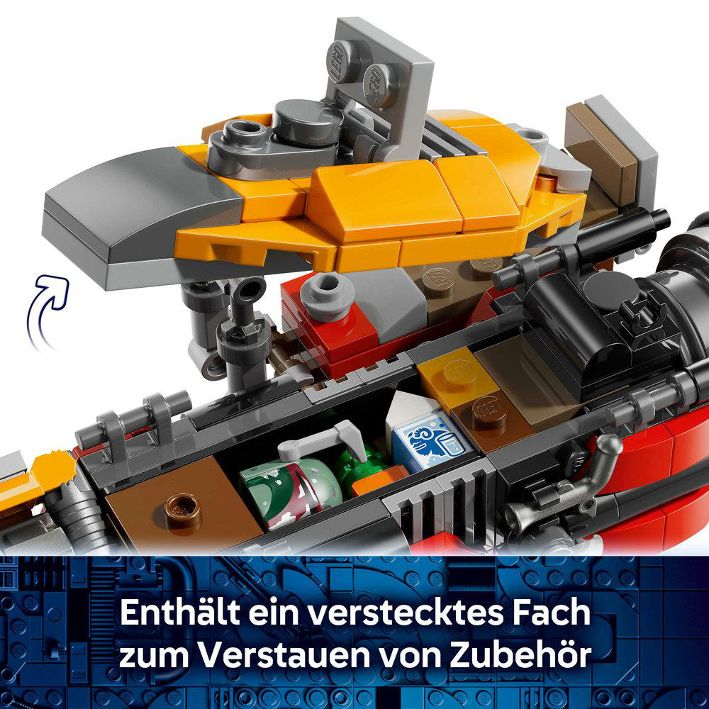 Ein LEGO-Raumschiff mit roten, braunen und gelben Teilen und einem versteckten Fach.