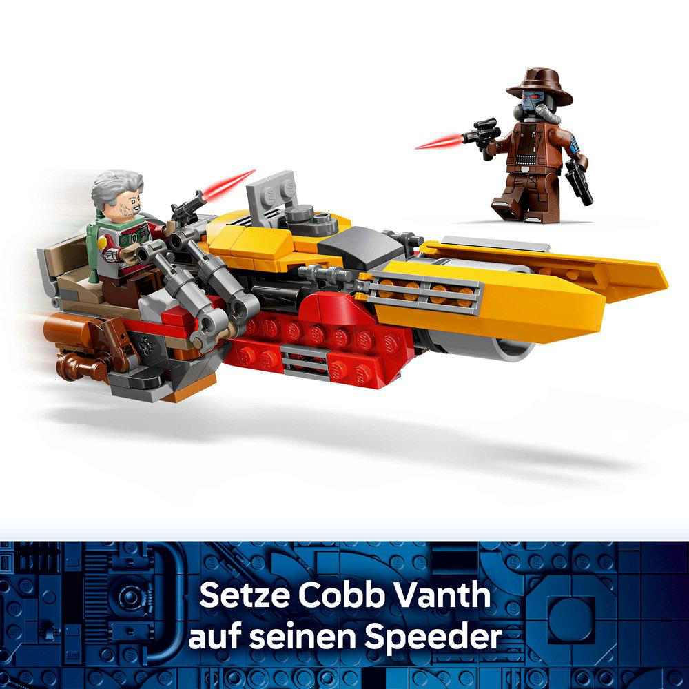 Lego Figuren Cobb Vanth auf einem gelben Speeder mit Lasern.